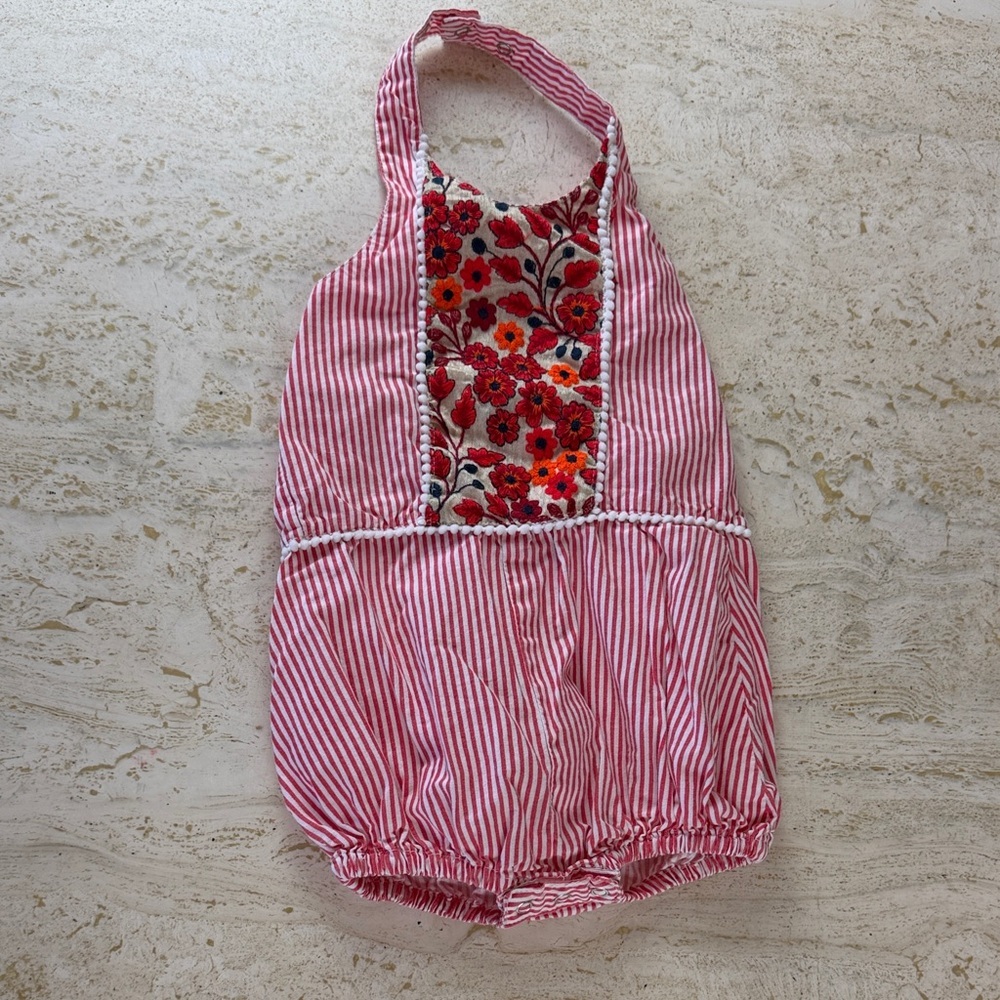 A.T.U.N. Striped BOHO Pink Baby Romper with Floral Embroidery 3-6 month